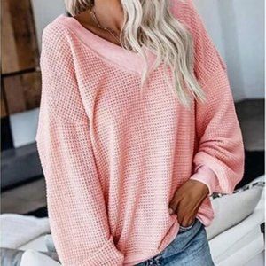 Pink Waffle knit Pullover Sweater